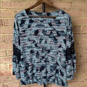 Alfani Women's Abstract Patterned Blouse - Teal and Black bubble hem crochet